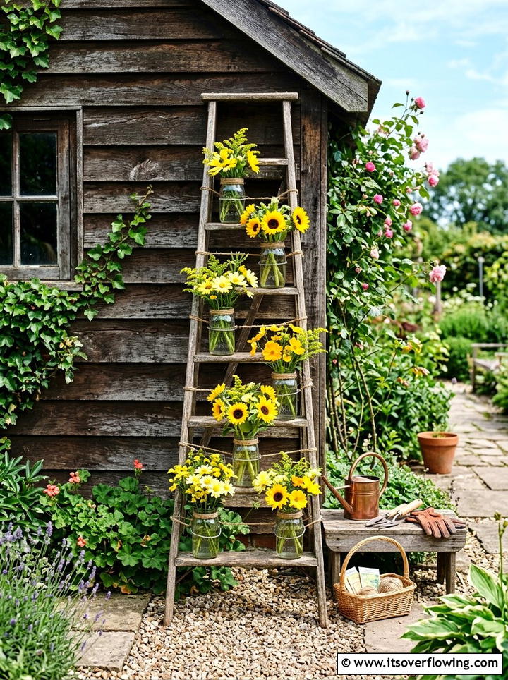Ladder Jar Flower Display - 25 garden decor ideas with hanging jars