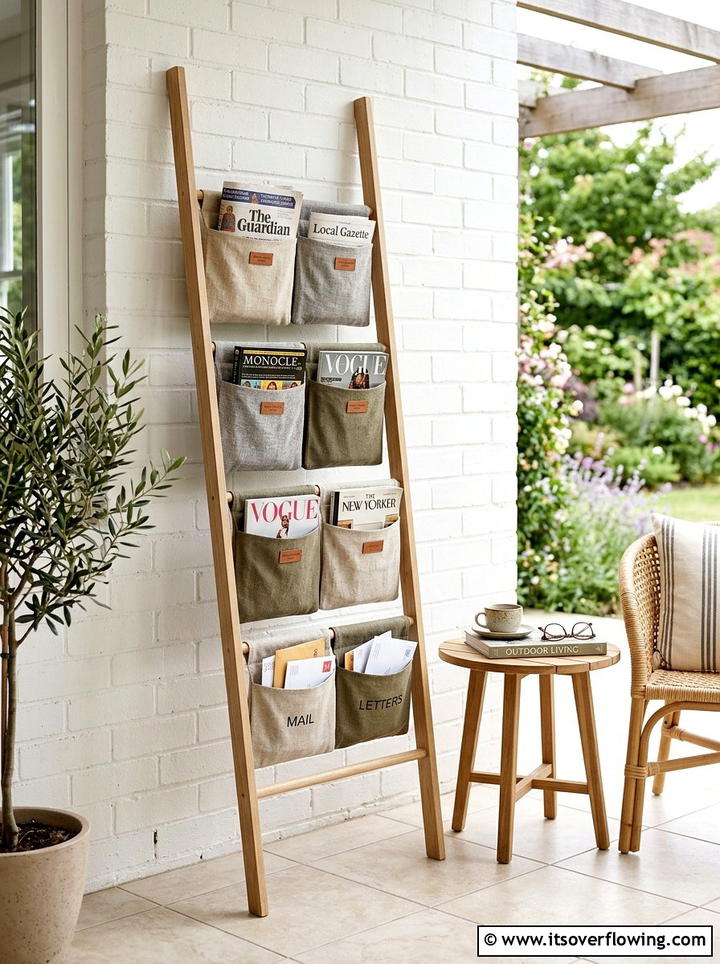 Ladder Mail and Magazine Rack - 25 front porch ideas with repurposed ladders