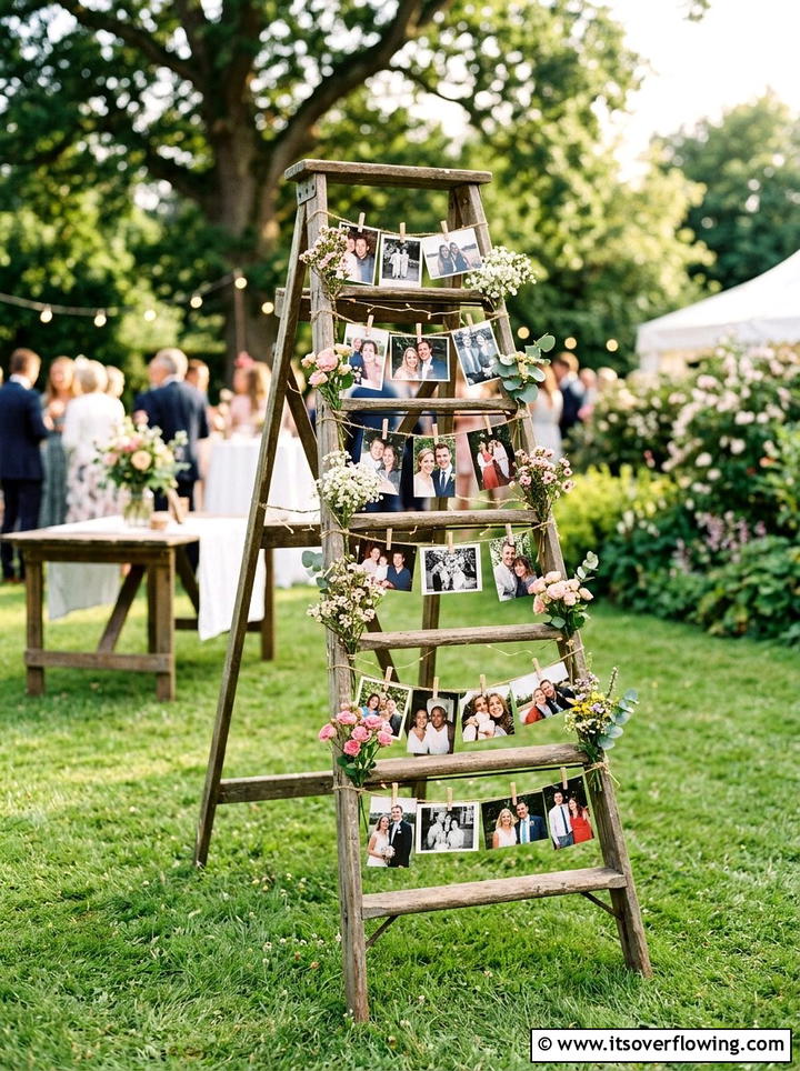Ladder Photo Display For Garden Party - 25 backyard decorating ideas with vintage ladders