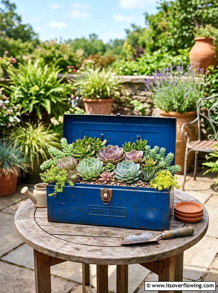 Ladder Plant Display - 25 recycled garden ideas with old tools