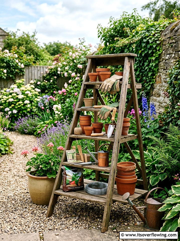 Ladder Potting Station - 25 backyard decorating ideas with vintage ladders