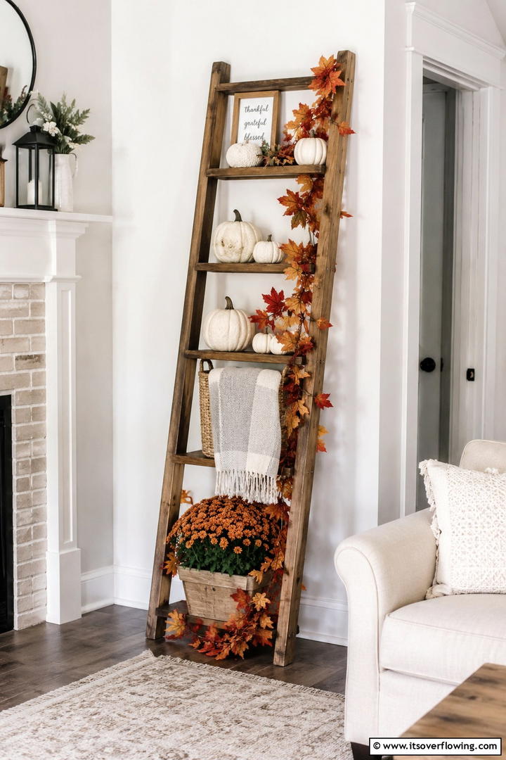 Ladder Shelf Autumn Vertical Display - 50 Fall Decor Ideas for A Cozy Seasonal Refresh at Home