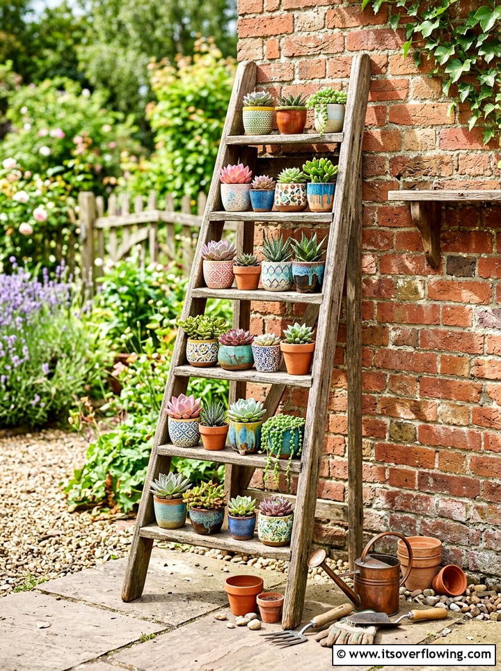 Ladder Succulent Display - 25 garden decor ideas with succulent displays