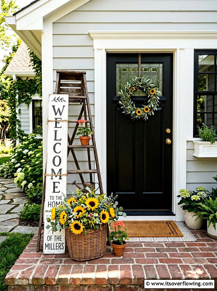 Ladder Welcome Sign Display - 25 front porch ideas with repurposed ladders