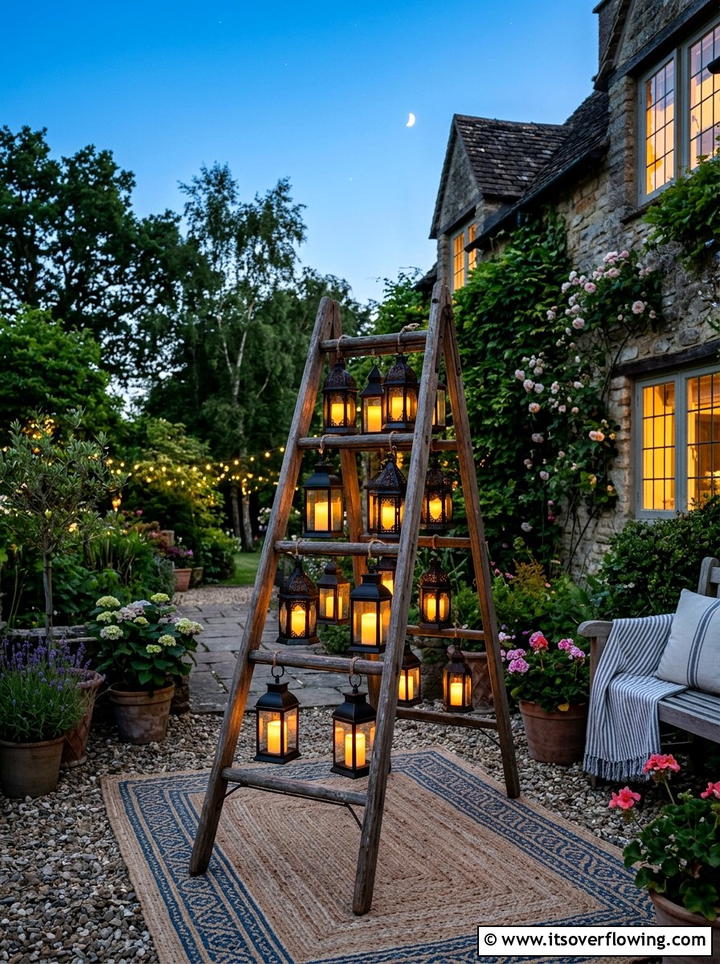 Ladder With Hanging Lanterns - 25 front porch ideas with repurposed ladders
