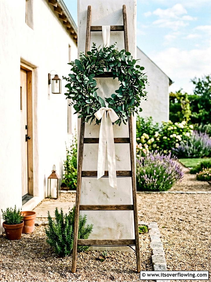 Ladder Wreath Display Holder - 25 front porch ideas with repurposed ladders