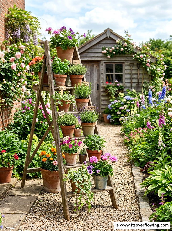 Ladder plant display - 25 garden decor ideas for outdoor parties