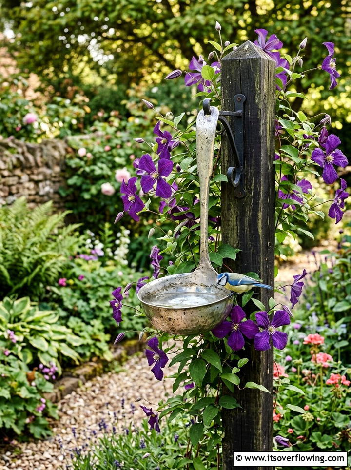 Ladle bird bath - 25 upcycled garden ideas with bird baths