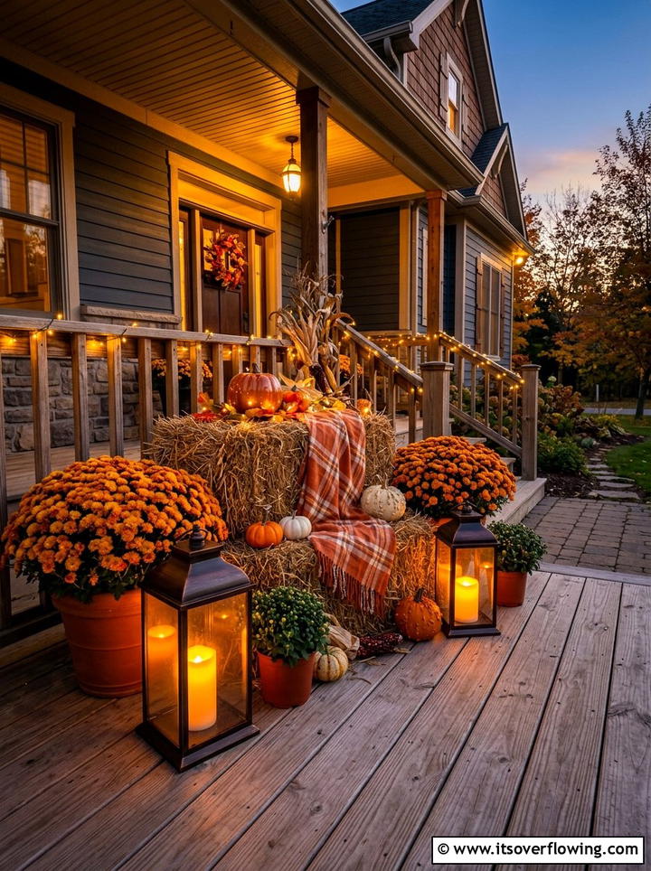 Lantern And Hay Bale Setup - 25 front porch decor ideas with mums and hay bales