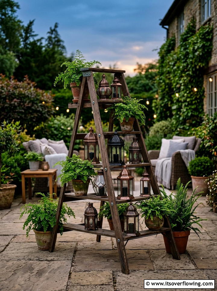 Lantern Garden Ladder - 25 backyard ideas with old ladder planter