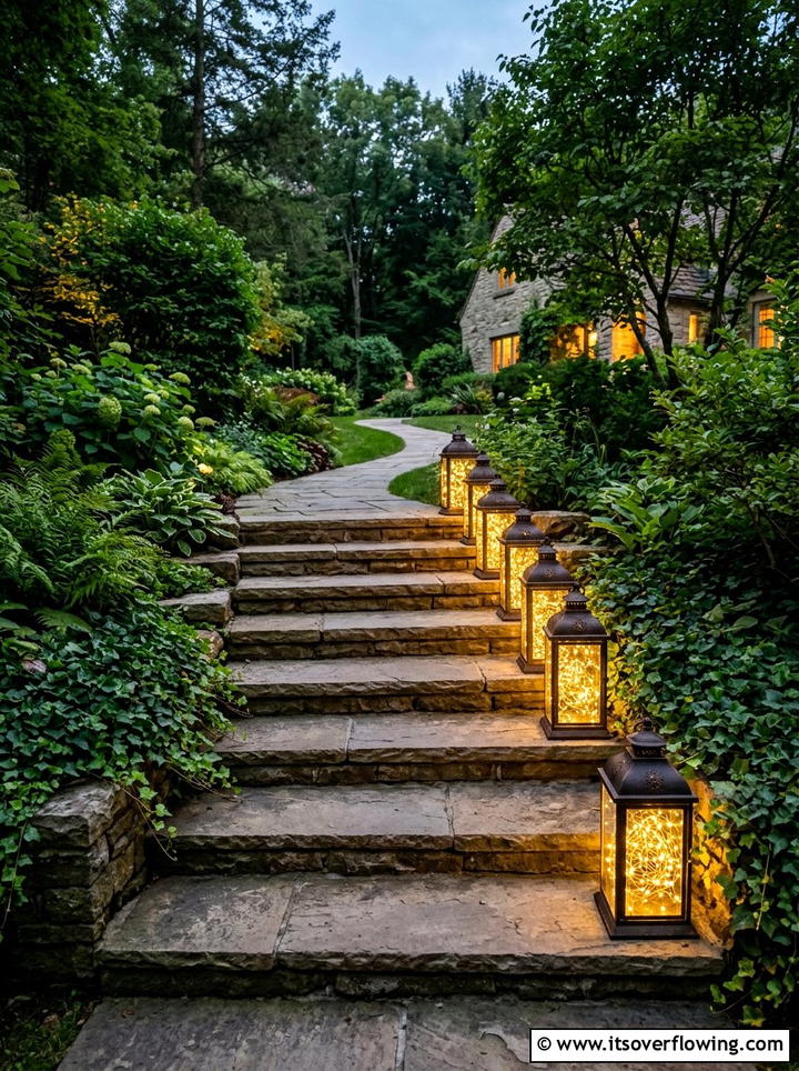 Lantern Lit Stairs - 25 garden decor ideas with holiday lights
