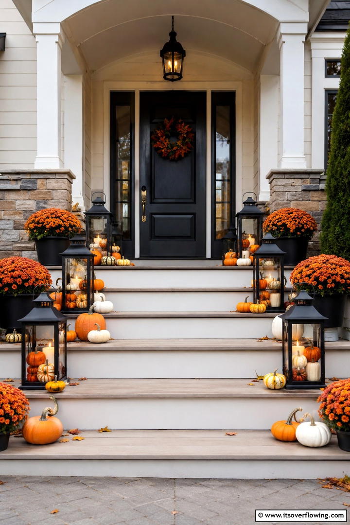 Lantern Pumpkin Display Steps - 50 Fall Front Door Decor Ideas Roundup- Curb Appeal