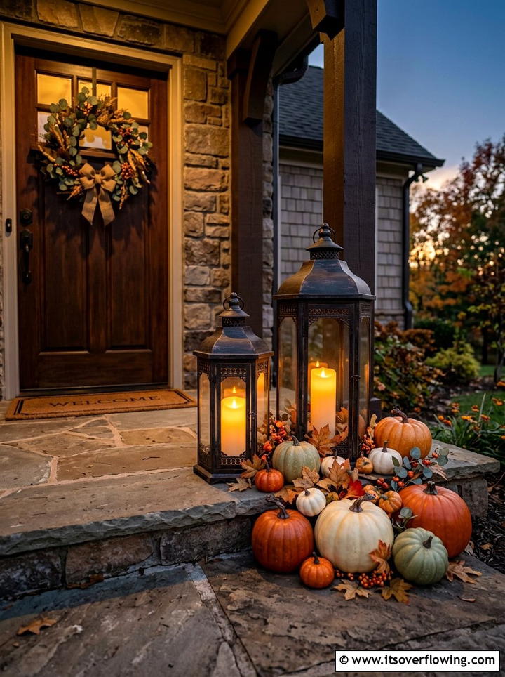 Lantern and pumpkin arrangement - 25 front porch decor ideas with fake pumpkins