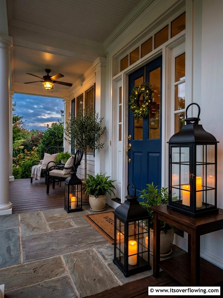 Lantern with battery candles - 25 front porch ideas with patriotic decor