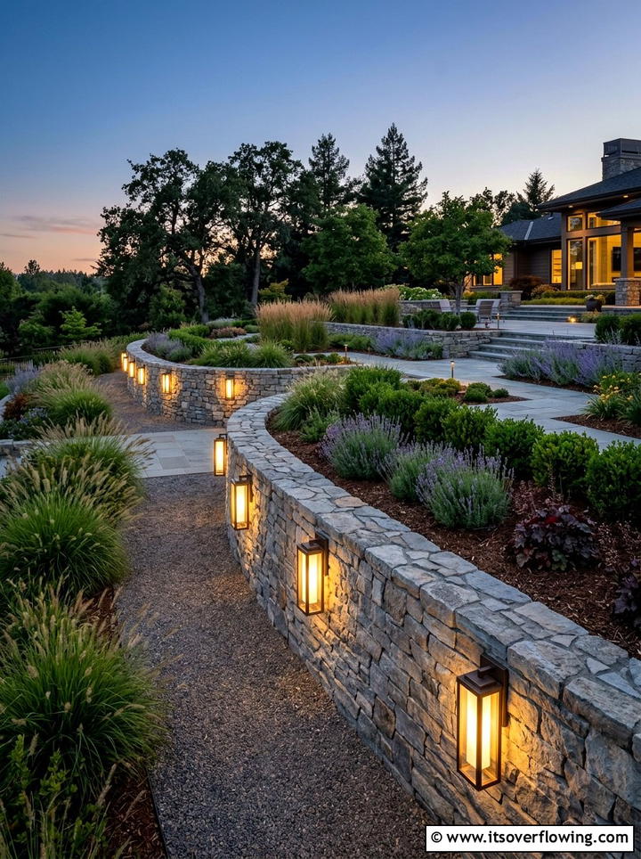 Lanterns Along Retaining Wall - 25 backyard decorating ideas with lanterns