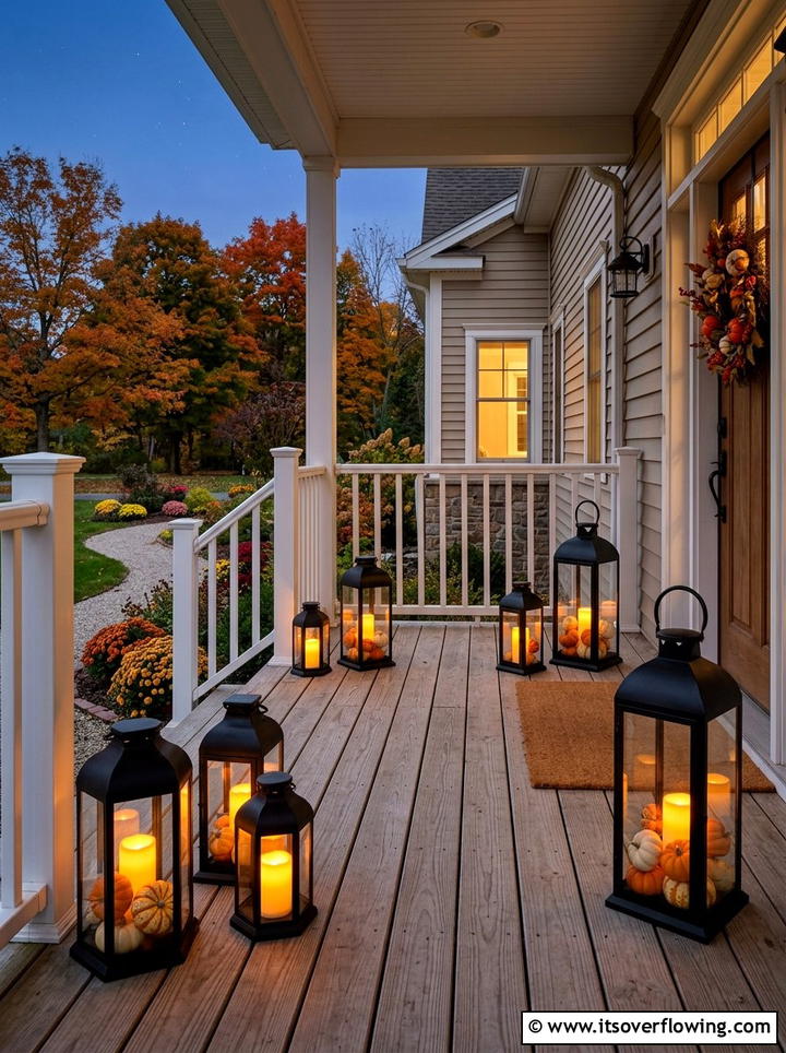 Lanterns With Pumpkins And Candles - 25 front porch ideas with fall decor