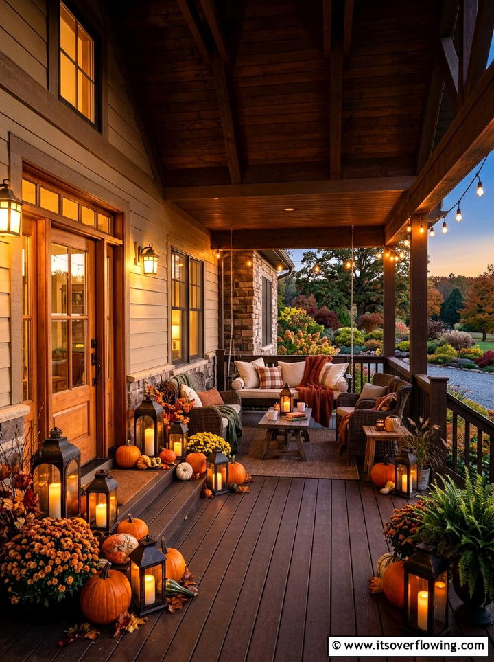 Lanterns and pumpkins porch - 25 front porch ideas with pumpkins