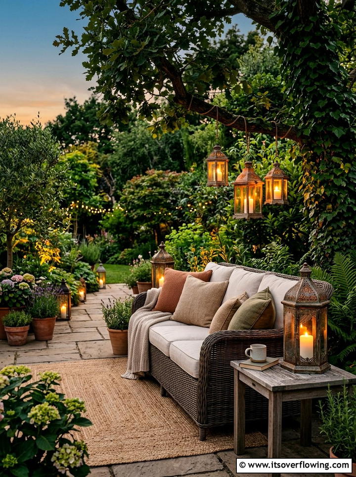 Lanterns for outdoor seating area - 25 small garden ideas with lighting