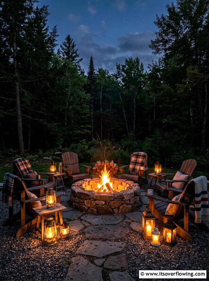 Lanterns grouped around fire pit - 25 garden decor ideas with lanterns