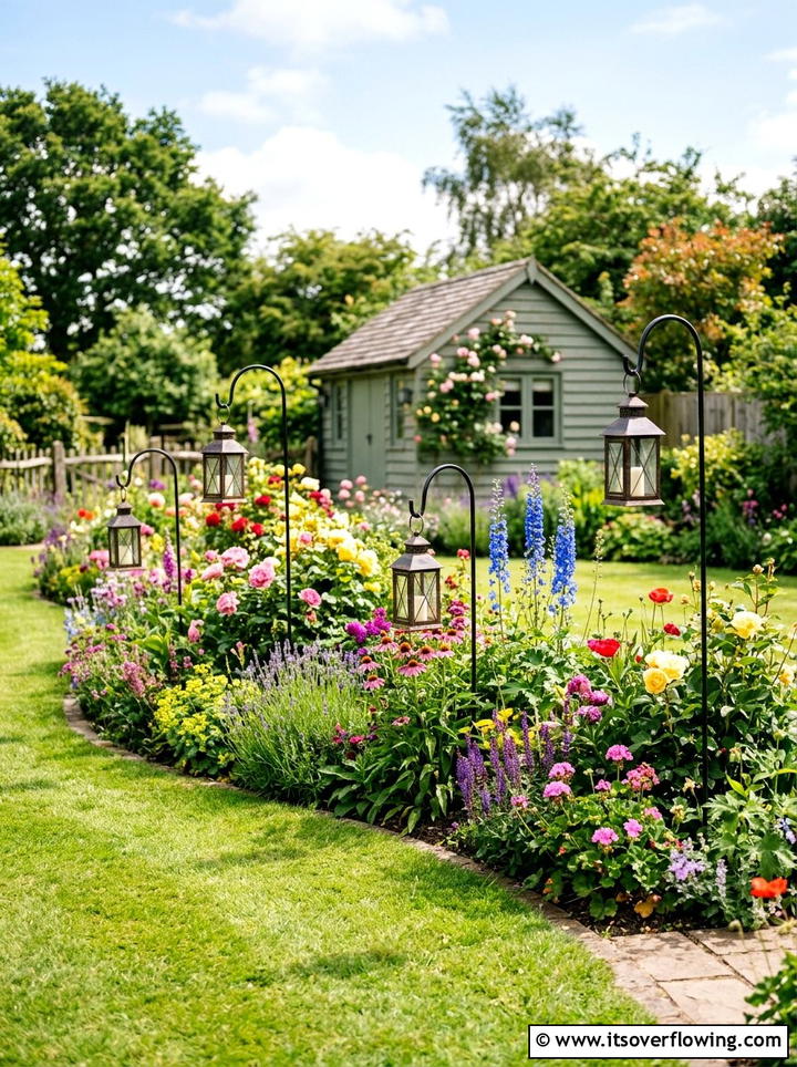 Lanterns hung on shepherds hooks - 25 garden decor ideas with lanterns