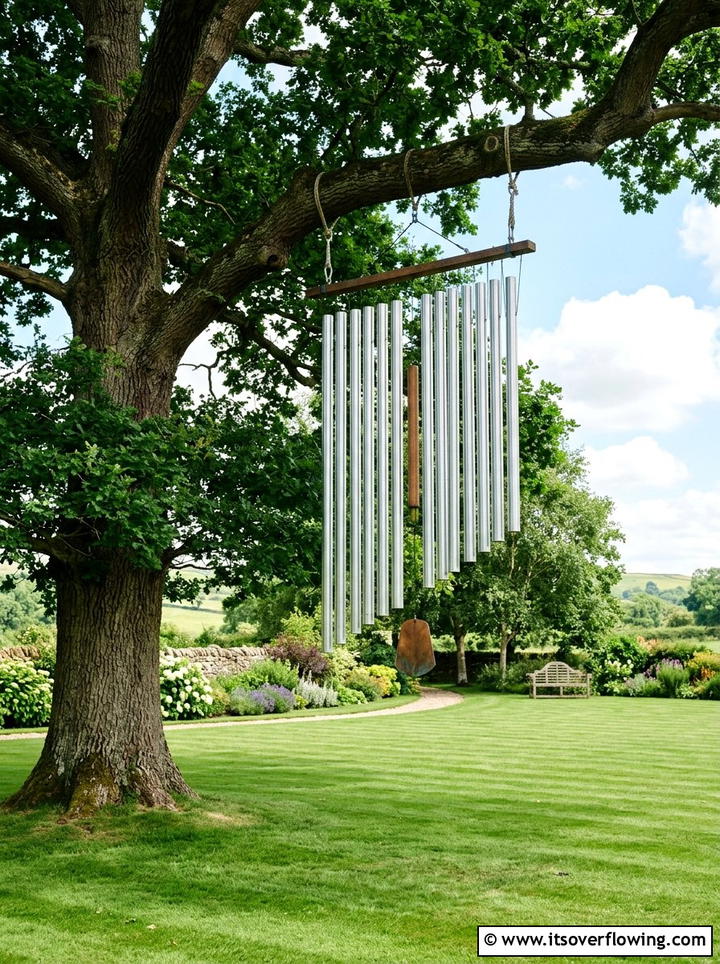 Large Deep Tone Wind Chimes Under Oak Tree - 25 garden decor ideas with wind chimes