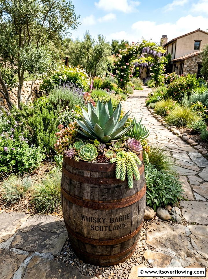 Large barrel succulent garden - 25 backyard decorating ideas with succulent pots