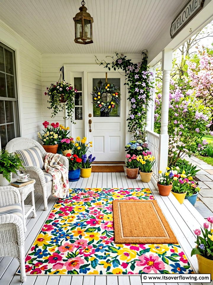 Large floral rug with simple welcome mat - 25 front porch decor ideas with layered mats
