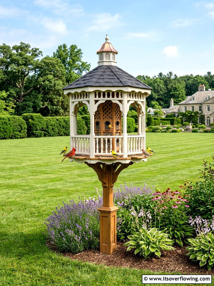 Large gazebo bird feeder in open yard - 25 garden ideas with bird feeders