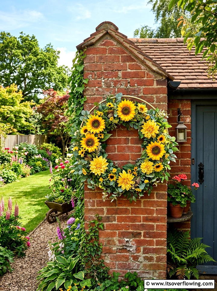 Large hula hoop floral wreath - 25 garden decor ideas with floral hoops