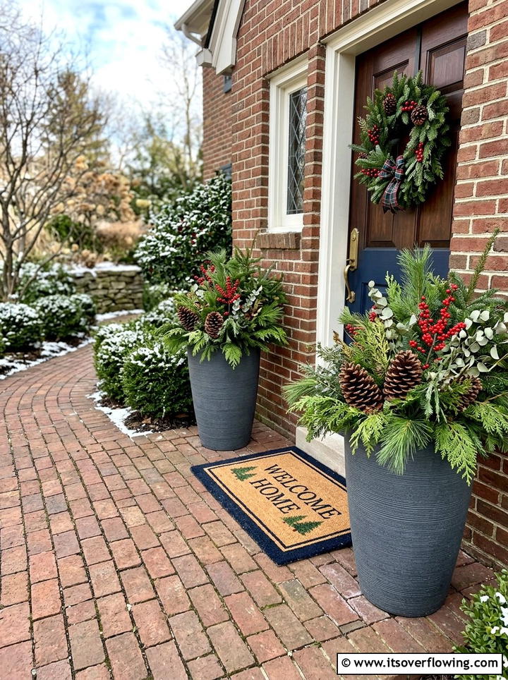 Large planters with seasonal foliage - 25 front porch ideas with holiday doormat