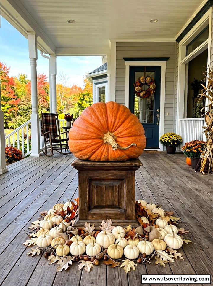 Large pumpkin centerpiece - 25 front porch decor ideas with real pumpkins