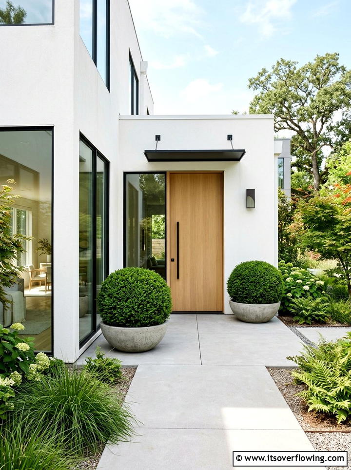 Large round boxwood balls in stone pots - 25 front porch decor ideas with topiaries