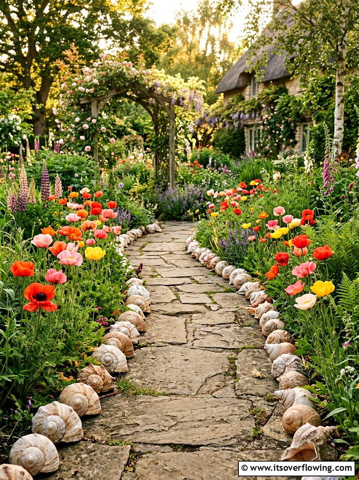 Large sea snail shell border for paths - 25 garden ideas with shell borders