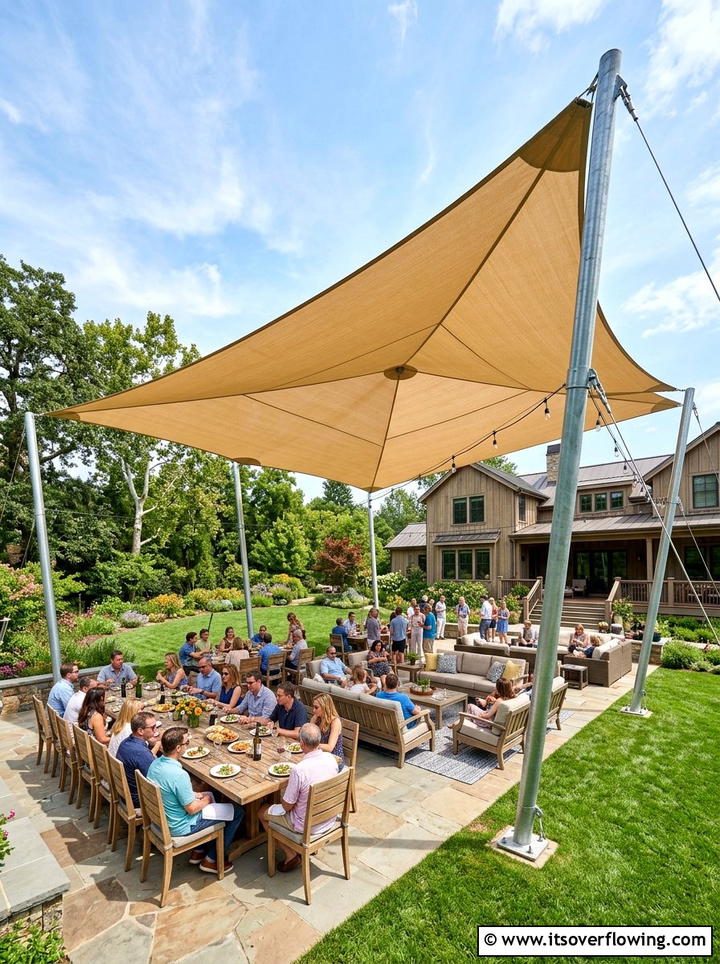 Large span shade sail backyard - 25 garden decor ideas with shade sails