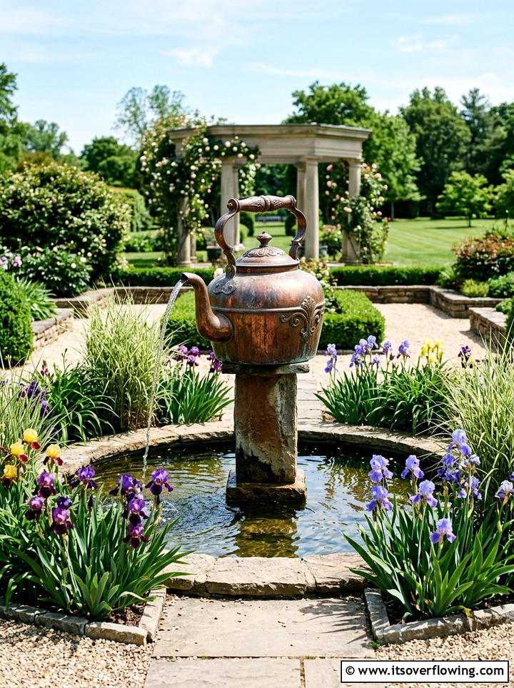 Large tea kettle garden fountain - 25 upcycled garden ideas with old kettles
