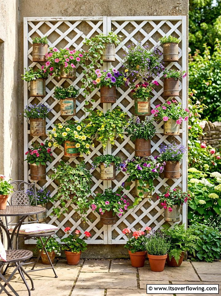 Lattice Wall Planters - 25 upcycled garden ideas with tin cans