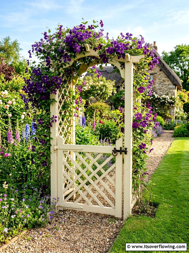Lattice gate with clematis vines - 25 garden decor ideas with gate decorations