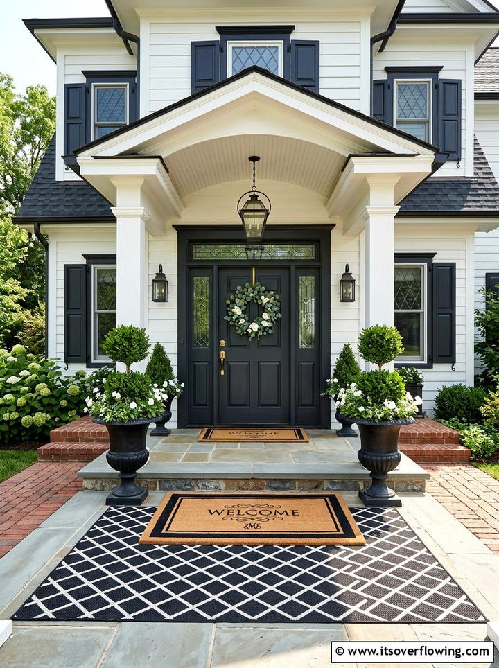 Lattice pattern rug with bordered mat - 25 front porch decor ideas with layered mats