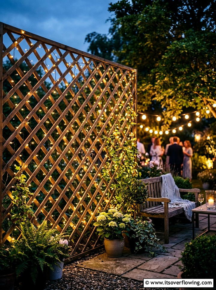 Lattice wall with fairy lights - 25 backyard ideas with lattice wall