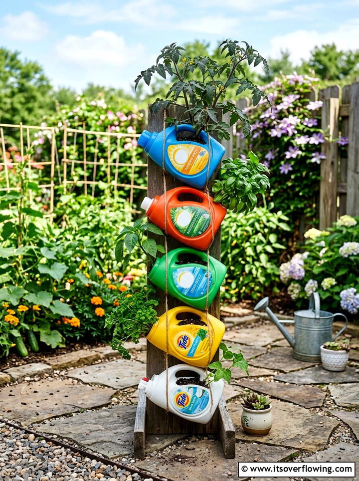 Laundry Detergent Bottle Planter - 25 recycled garden ideas with seed starting trays