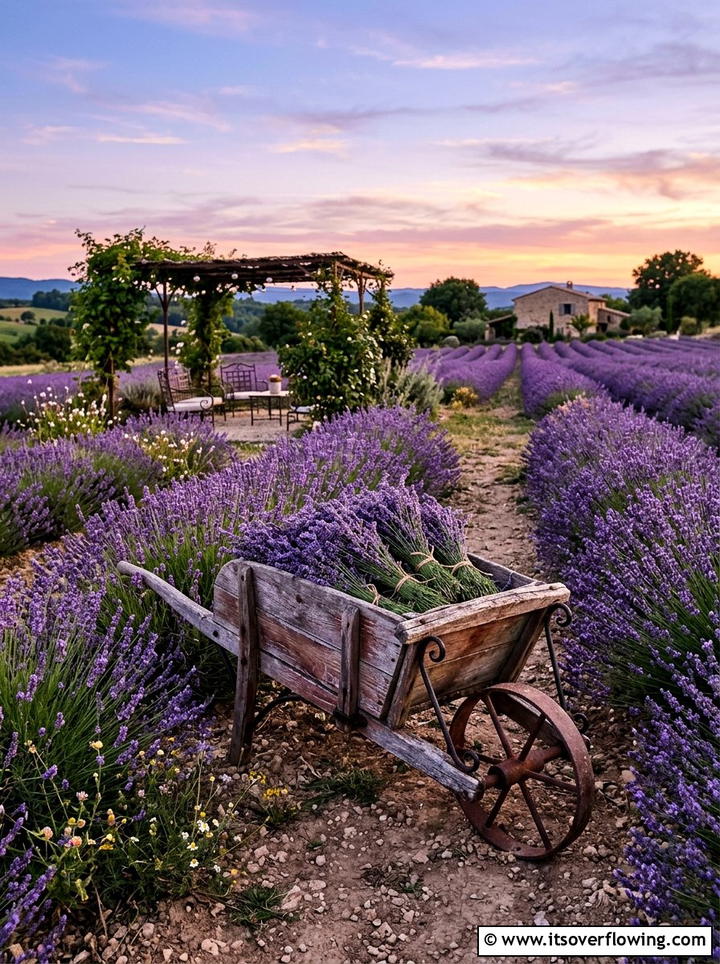 Lavender Field Wheelbarrow - 25 garden decor ideas with wheelbarrows