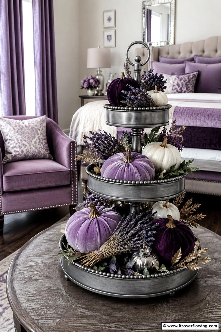 Lavender and Purple Hues - 50 Fall Tiered Tray Decor Ideas for Festive Shelves