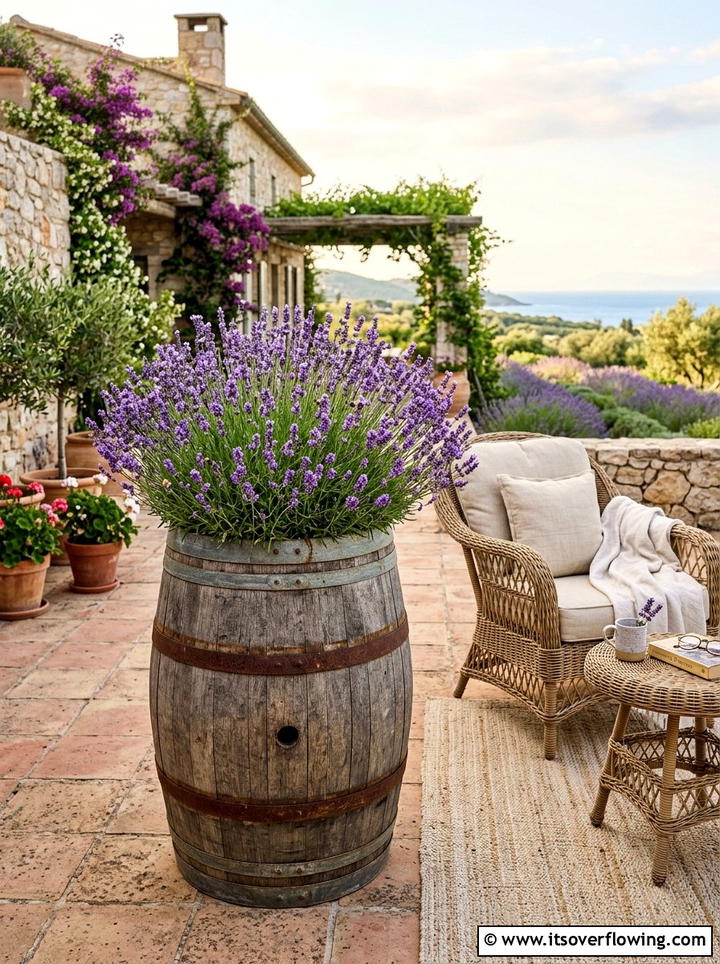 Lavender filled barrel planter - 25 front porch ideas with barrel planters