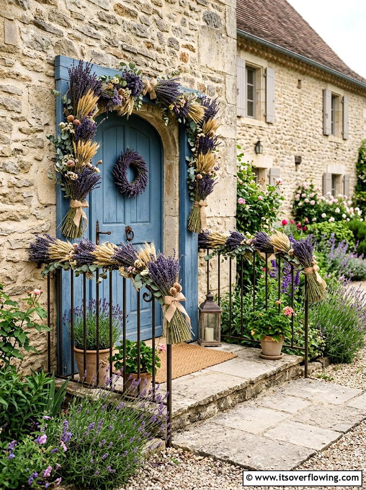 Lavender floral garland for front porch - 25 front porch ideas with floral garland
