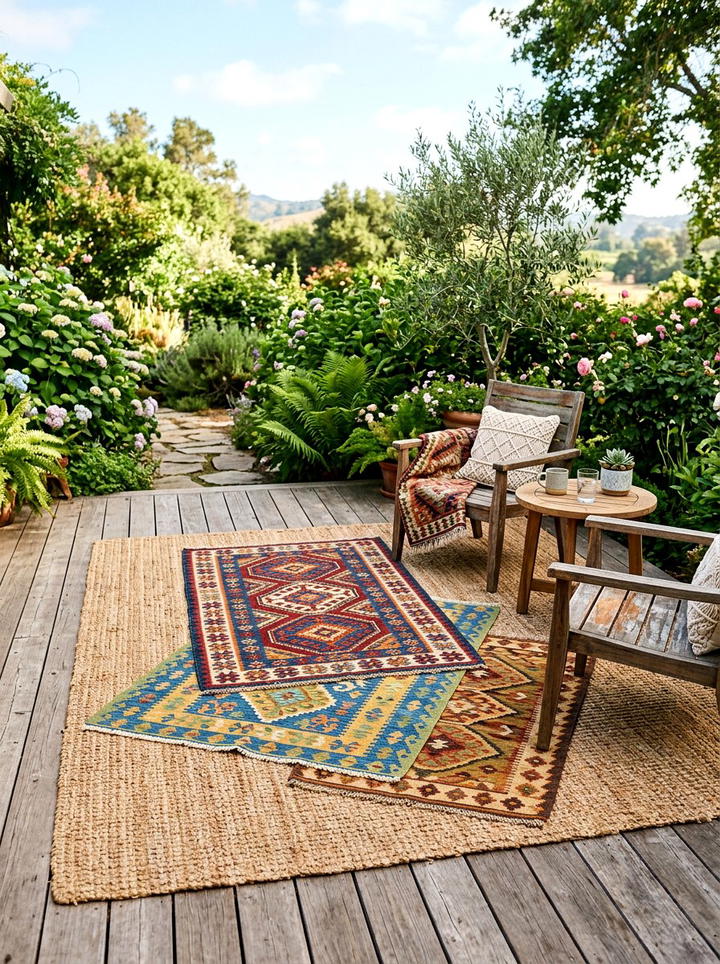 Layered Area Rugs - 25 backyard decorating ideas with boho accents