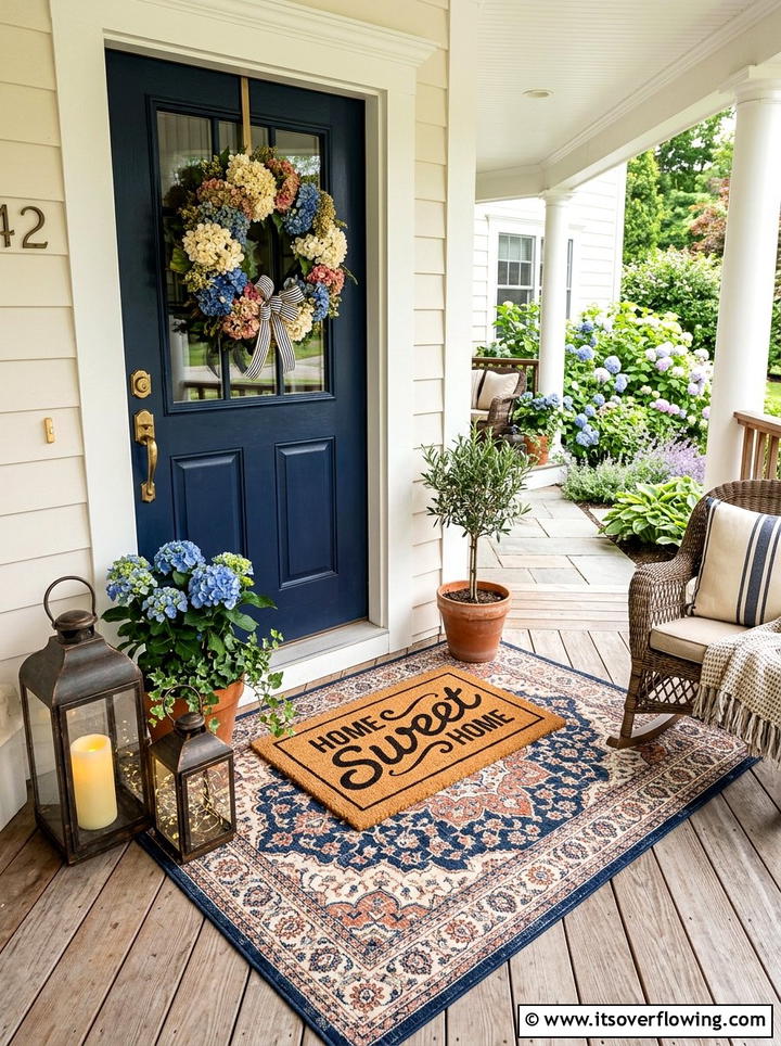 Layered Doormat Porch - 25 front porch decor ideas with hydrangea wreath