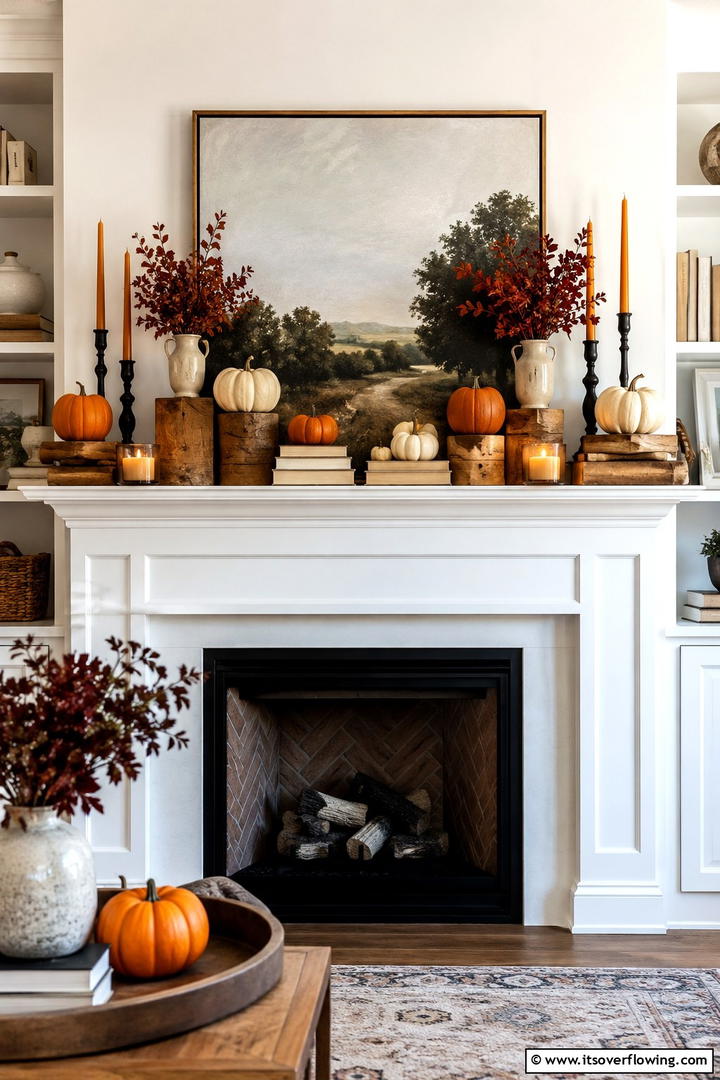Layered Height Mantel Design - 50 Fall Fireplace Decor Ideas to Warm Autumn Gatherings