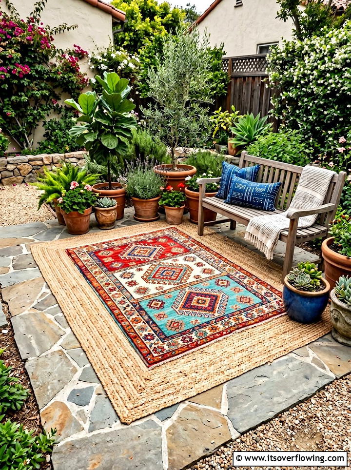 Layered Outdoor Rug - 25 small garden ideas with boho style