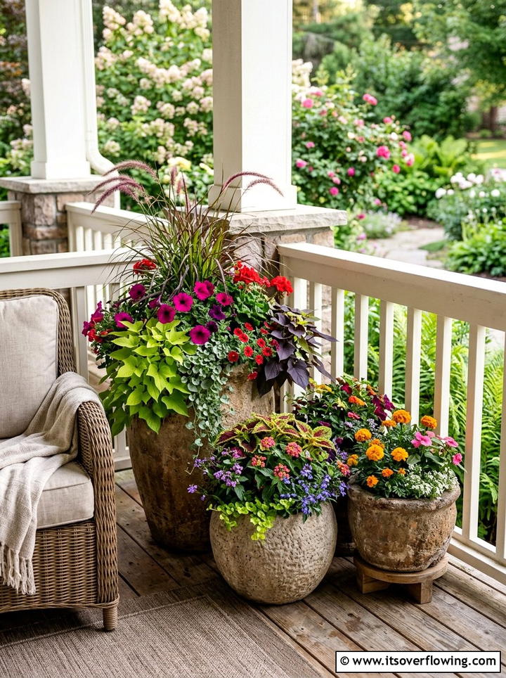 Layered Porch Pots - 25 front porch decor ideas with florals