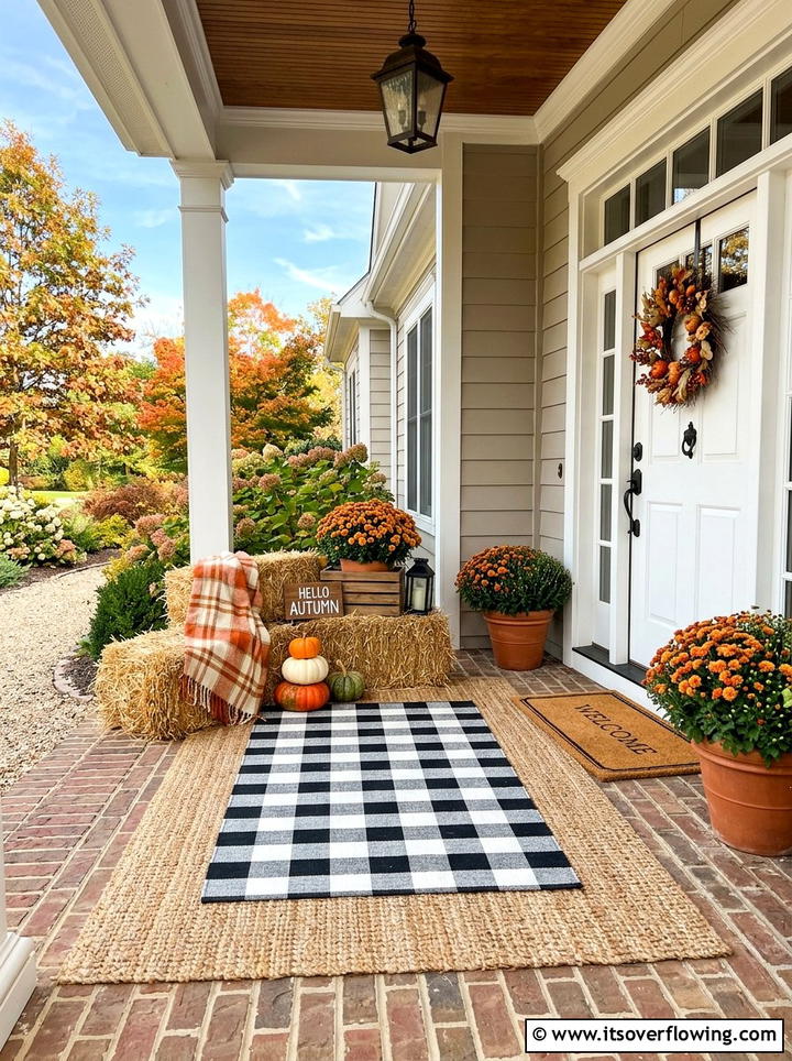 Layered Rug With Hay Bales - 25 front porch decor ideas with mums and hay bales